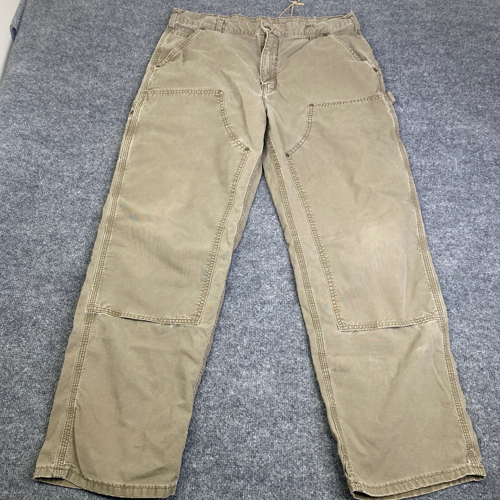 Carhartt Mens Double Front Logger Work Pants Khaki Tan Canvas B01 34x30